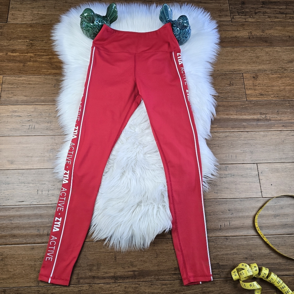 Zyia Light N Tight High Rise Logo Stripe Red Leggings 6-8 - Picture 11 of 12
